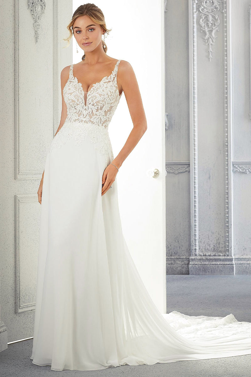 Kelsey Chiffon & Lace Wedding Dress | Jewelclues | #color_ivory