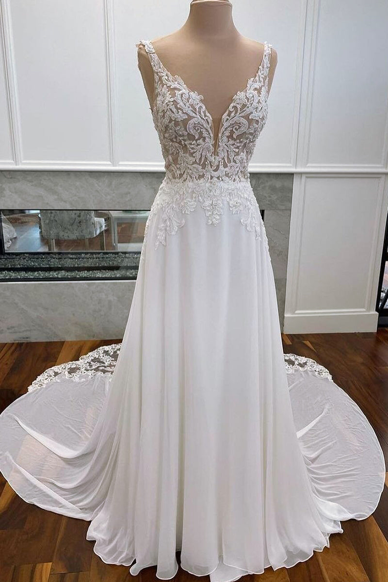 Kelsey Chiffon & Lace Wedding Dress | Jewelclues | #color_white