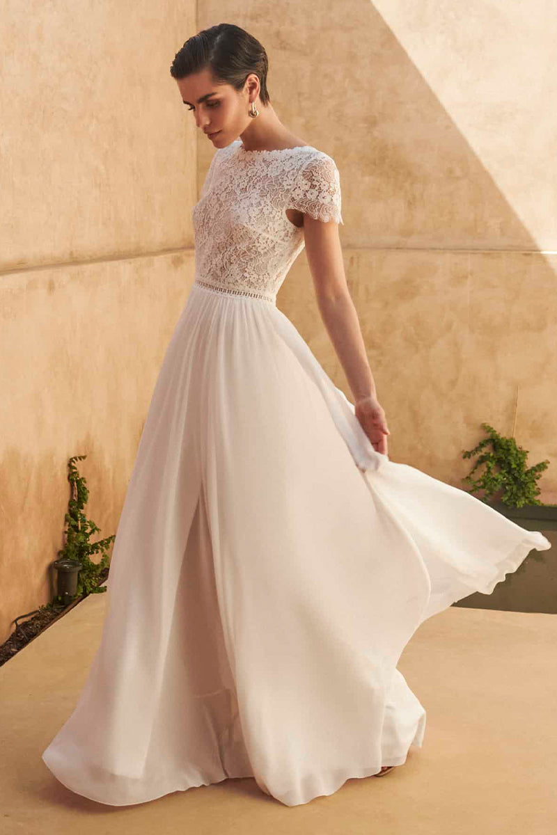 Kelsey Lace Chiffon Wedding Dress | Jewelclues | #color_ivory