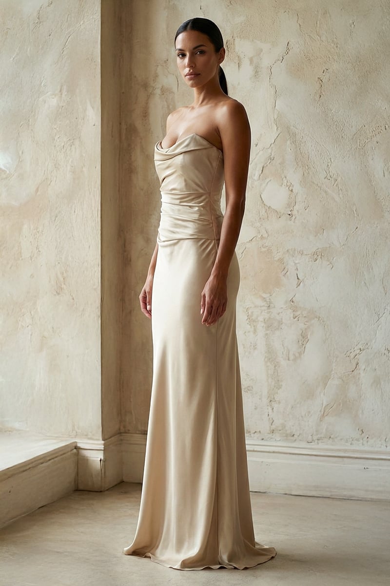 Layalina Strapless Satin Gown | JewelClues #color_champagne