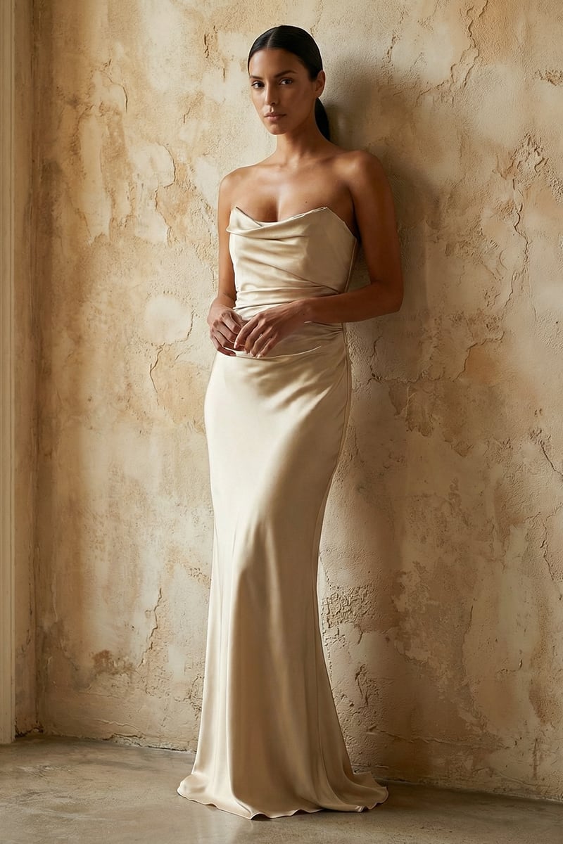 Layalina Strapless Satin Gown | JewelClues #color_champagne