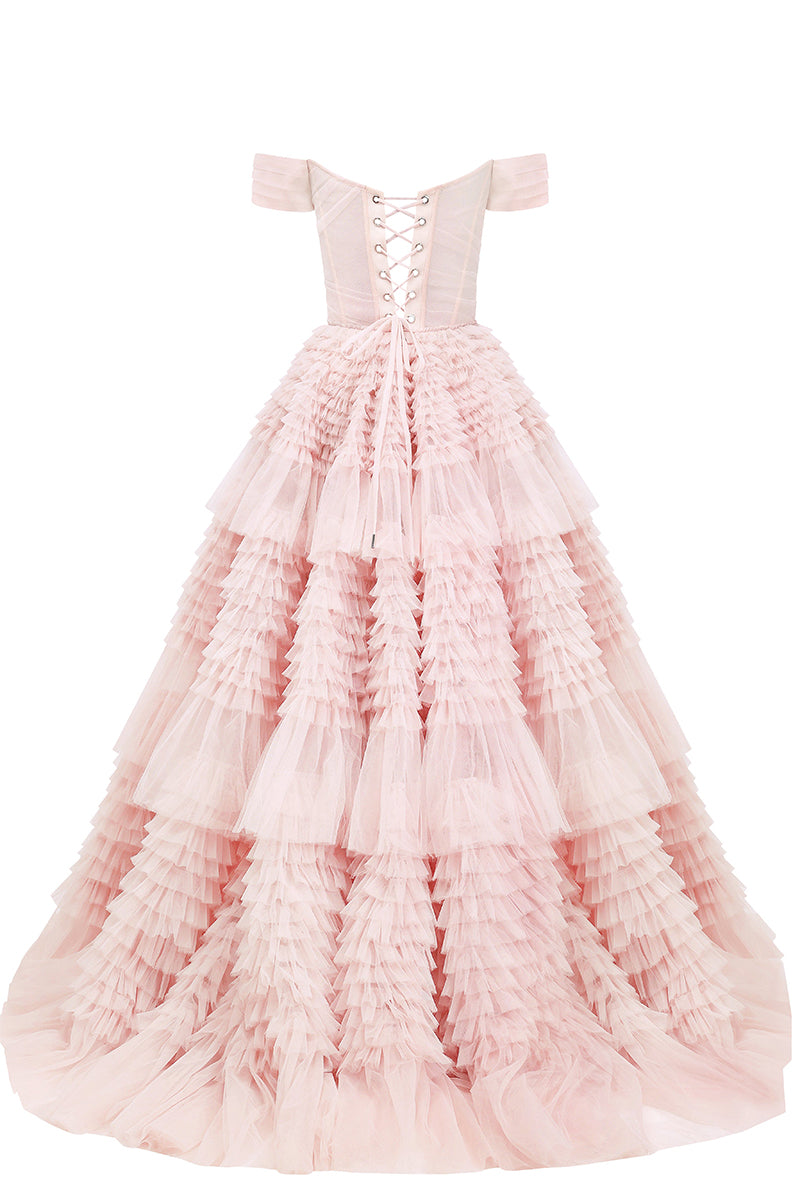 Love You So Off-The-Shoulder Frill-Layered Maxi Dress | Jewelclues | #color_blush