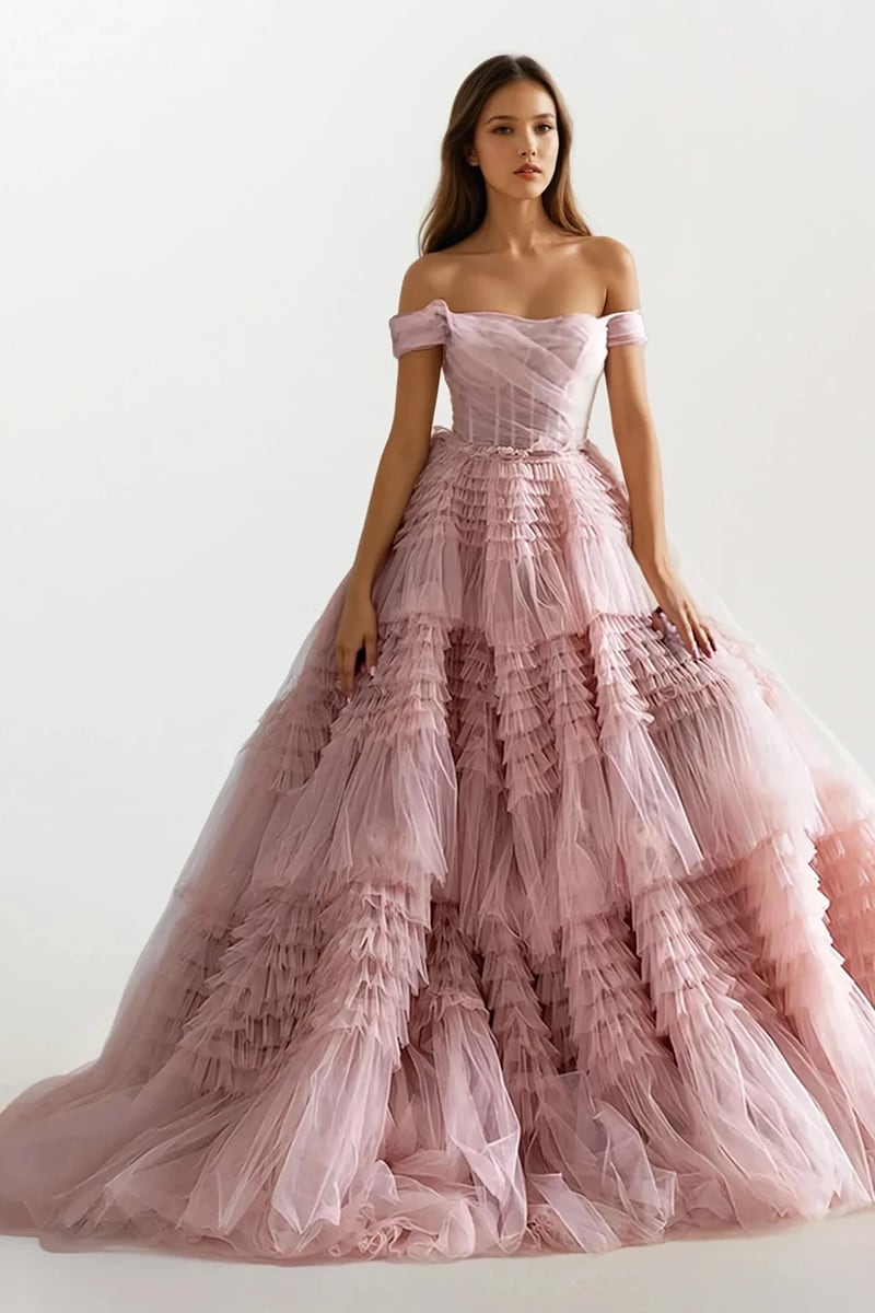 Love You So Off-The-Shoulder Frill-Layered Maxi Dress | Jewelclues | #color_blush