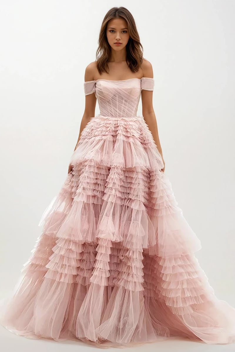 Love You So Off-The-Shoulder Frill-Layered Maxi Dress | Jewelclues | #color_blush
