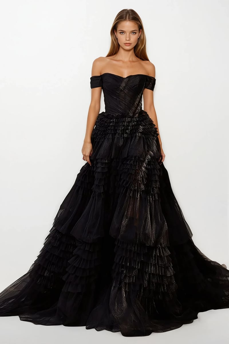 Love You So Off-The-Shoulder Frill-Layered Maxi Dress | Jewelclues | #color_black