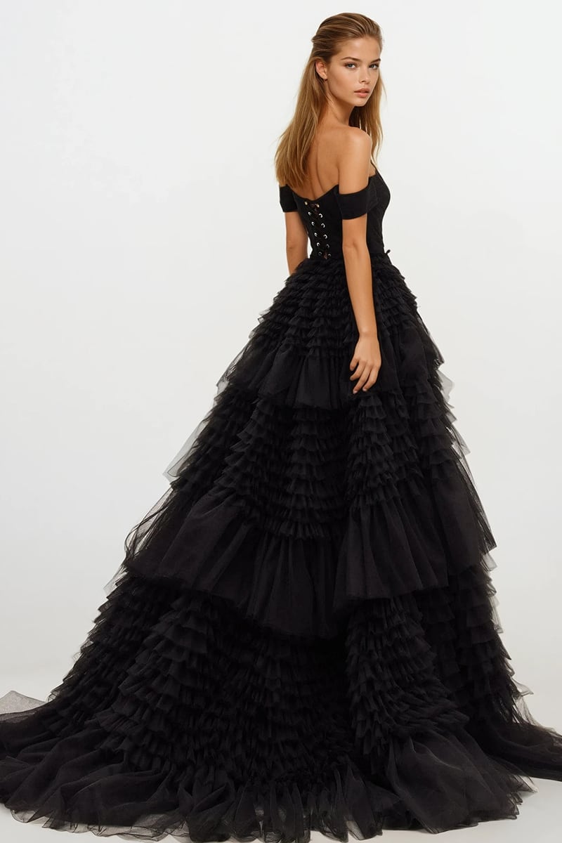 Love You So Off-The-Shoulder Frill-Layered Maxi Dress | Jewelclues | #color_black