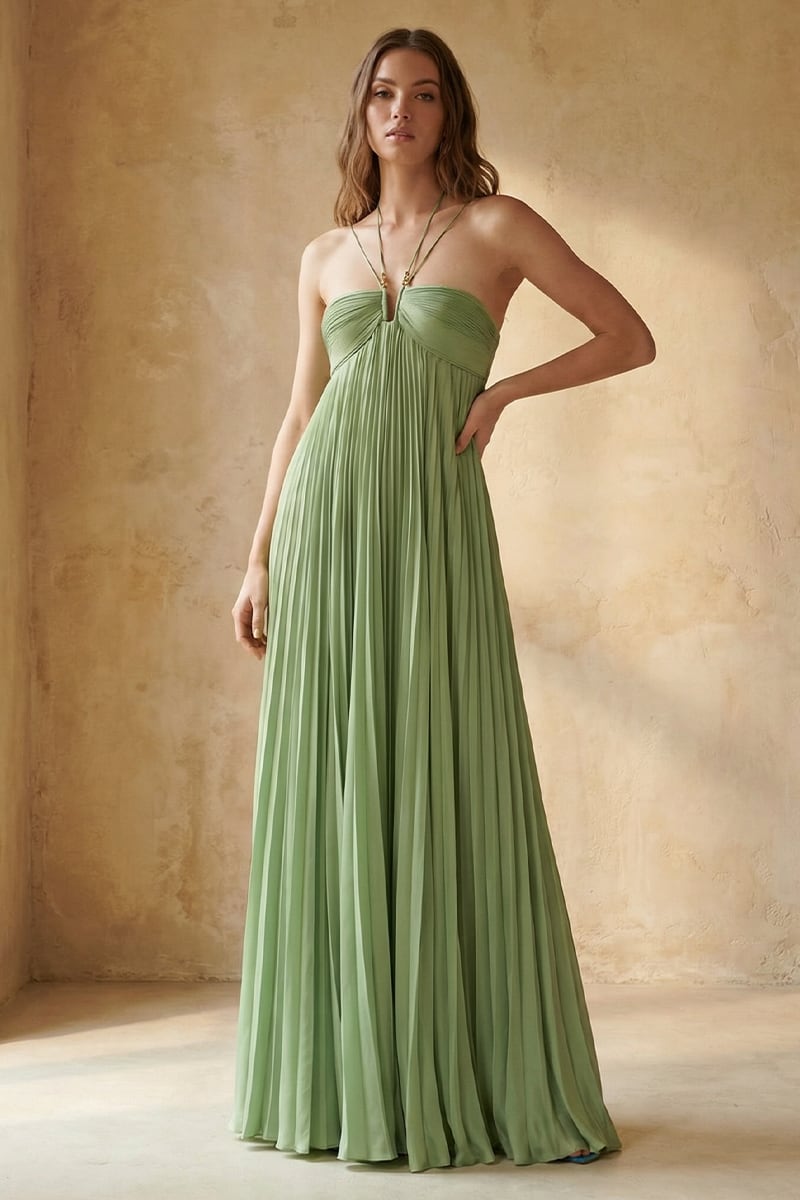 Lucie Pleated Halter Maxi Gown | JewelClues