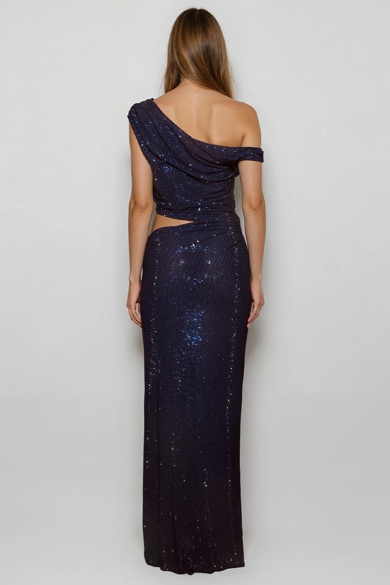 Lyra One-Shoulder Rhinestone Gown | Jewelclues #color_navy blue