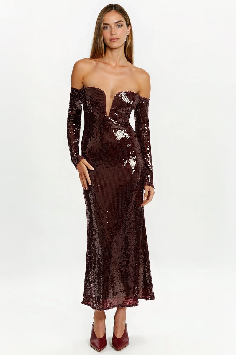 Marceline Off-Shoulder Sequin Gown | Jewelclues