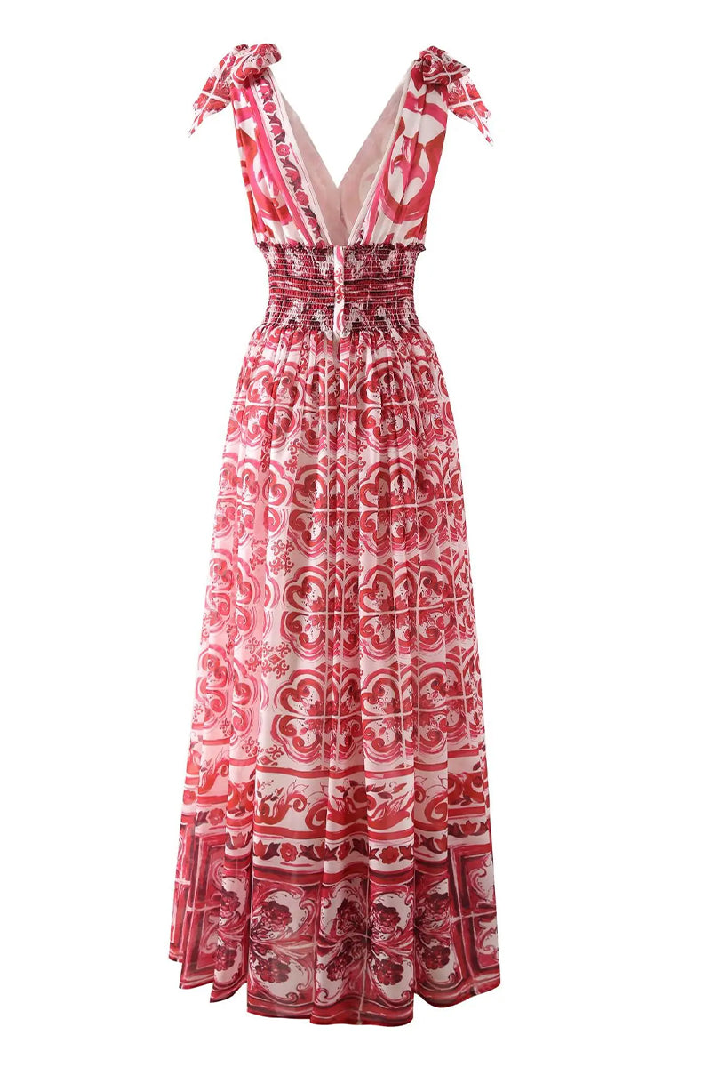 Mediterraneo Long Majolica Print Maxi Dress | Jewelclues #color_claret