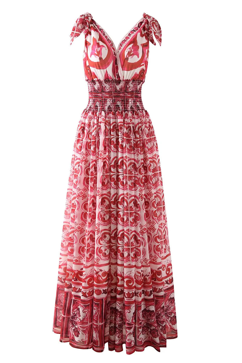 Mediterraneo Long Majolica Print Maxi Dress | Jewelclues #color_claret