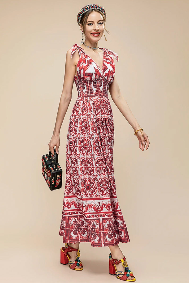 Mediterraneo Long Majolica Print Maxi Dress | Jewelclues #color_claret