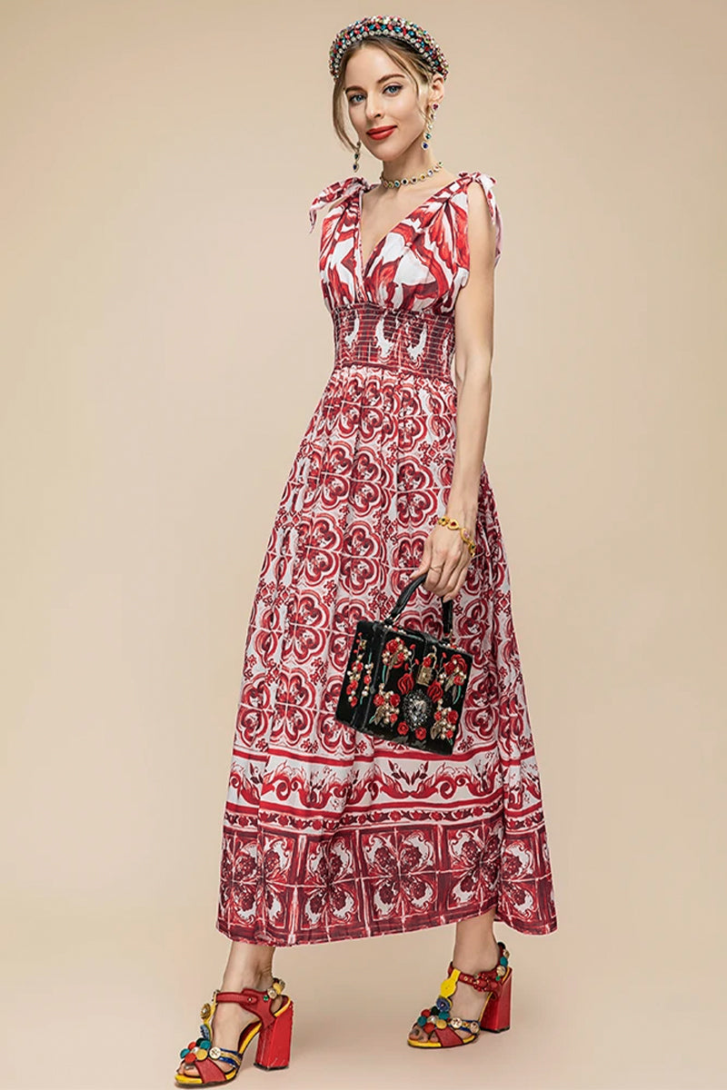 Mediterraneo Long Majolica Print Maxi Dress | Jewelclues #color_claret