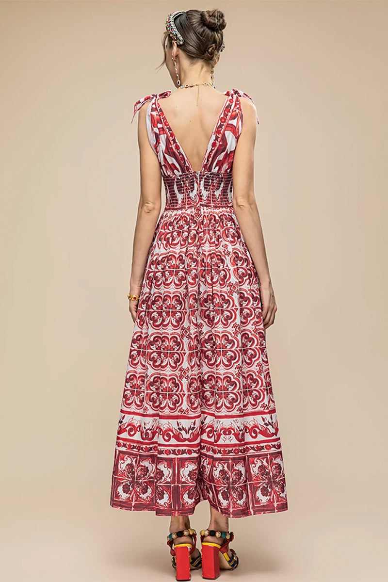 Mediterraneo Long Majolica Print Maxi Dress | Jewelclues #color_claret