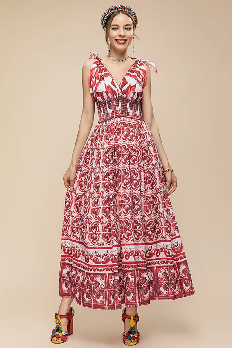 Mediterraneo Long Majolica Print Maxi Dress | Jewelclues #color_claret