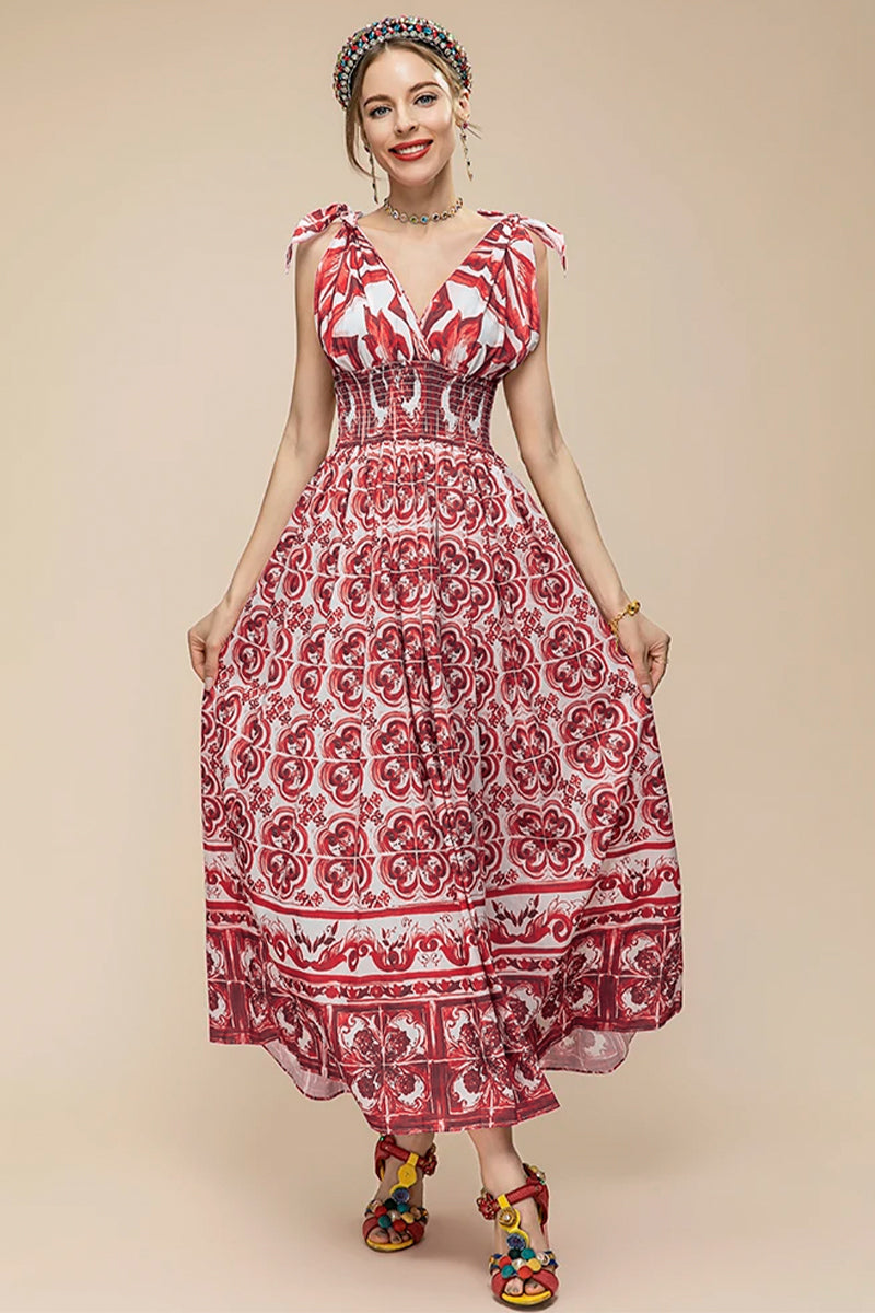 Mediterraneo Long Majolica Print Maxi Dress | Jewelclues #color_claret