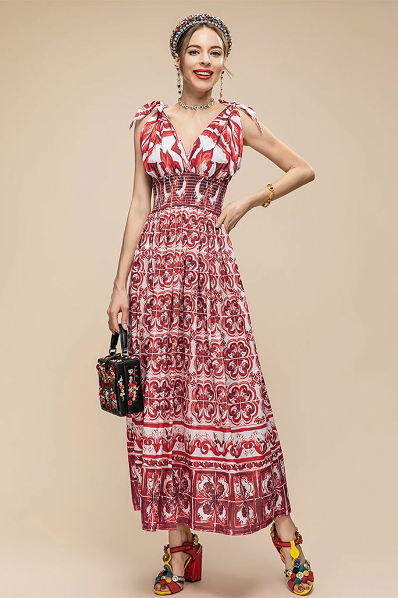 Mediterraneo Long Majolica Print Maxi Dress | Jewelclues #color_claret