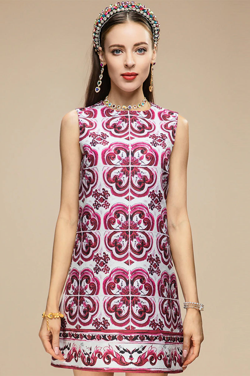 Mediterraneo Tile-Print Brocade Mini Dress | Jewelclues | #color_fuchsia