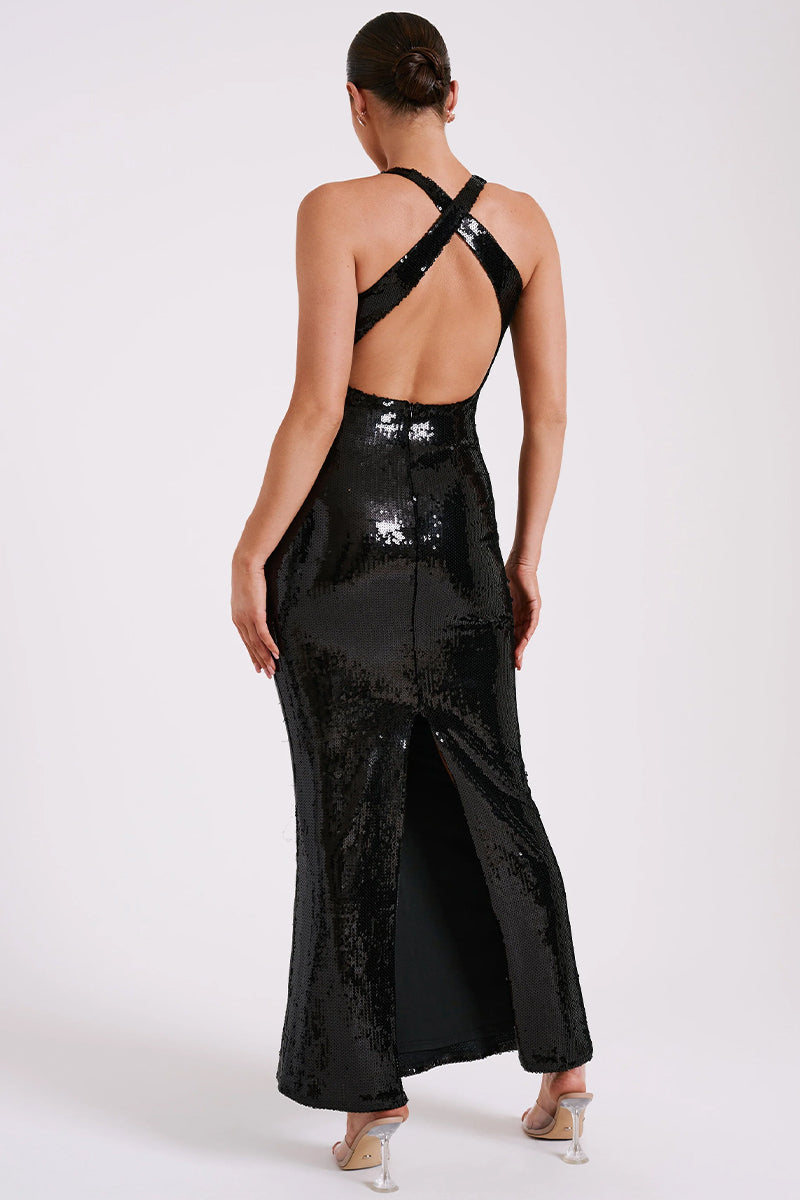 Mesmerizing Arrival Backless Sequin Maxi Dress | Jewelclues #color_black
