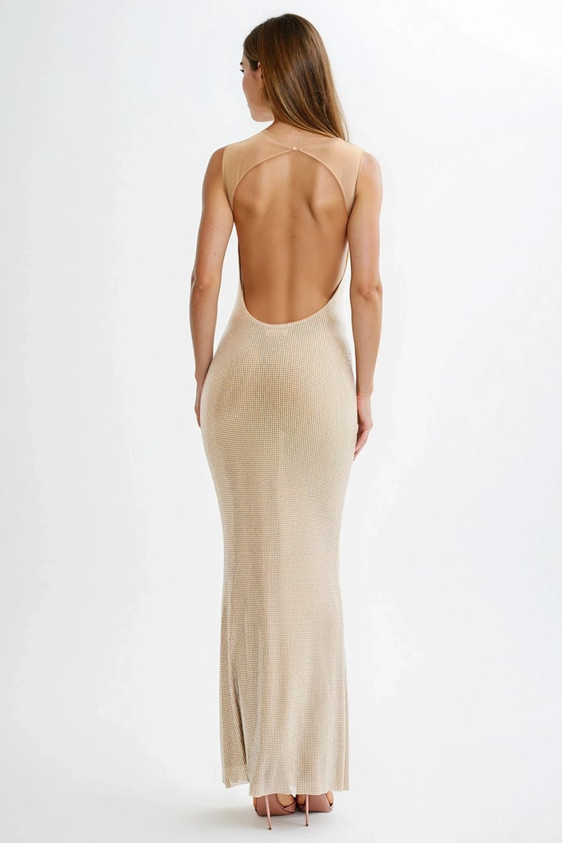 Midnight Allure Backless Maxi Dress | Jewelclues #color_champagne