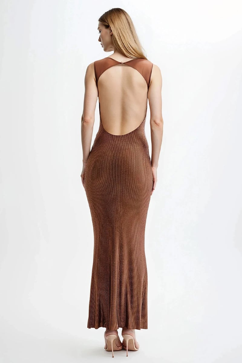 Midnight Allure Backless Maxi Dress | Jewelclues #color_brown