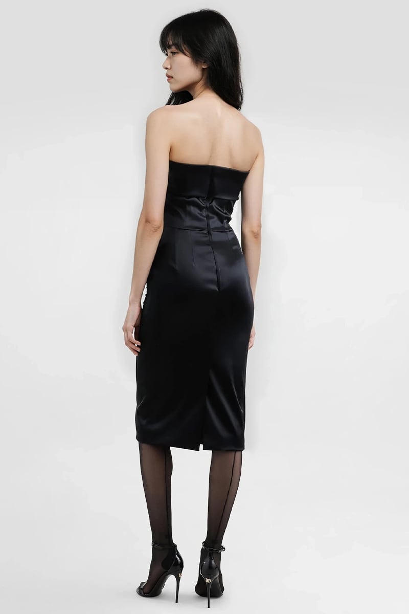 Noir Strapless Satin Midi Dress | Jewelclues