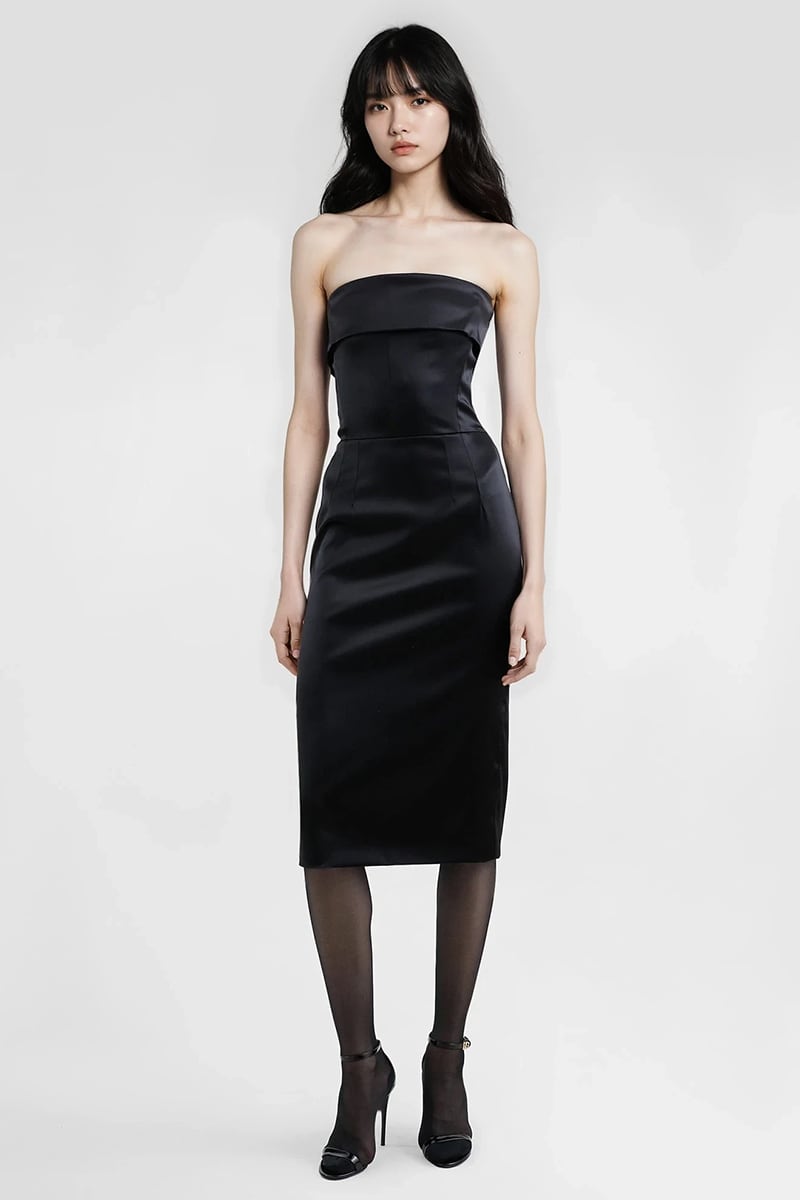 Noir Strapless Satin Midi Dress | Jewelclues