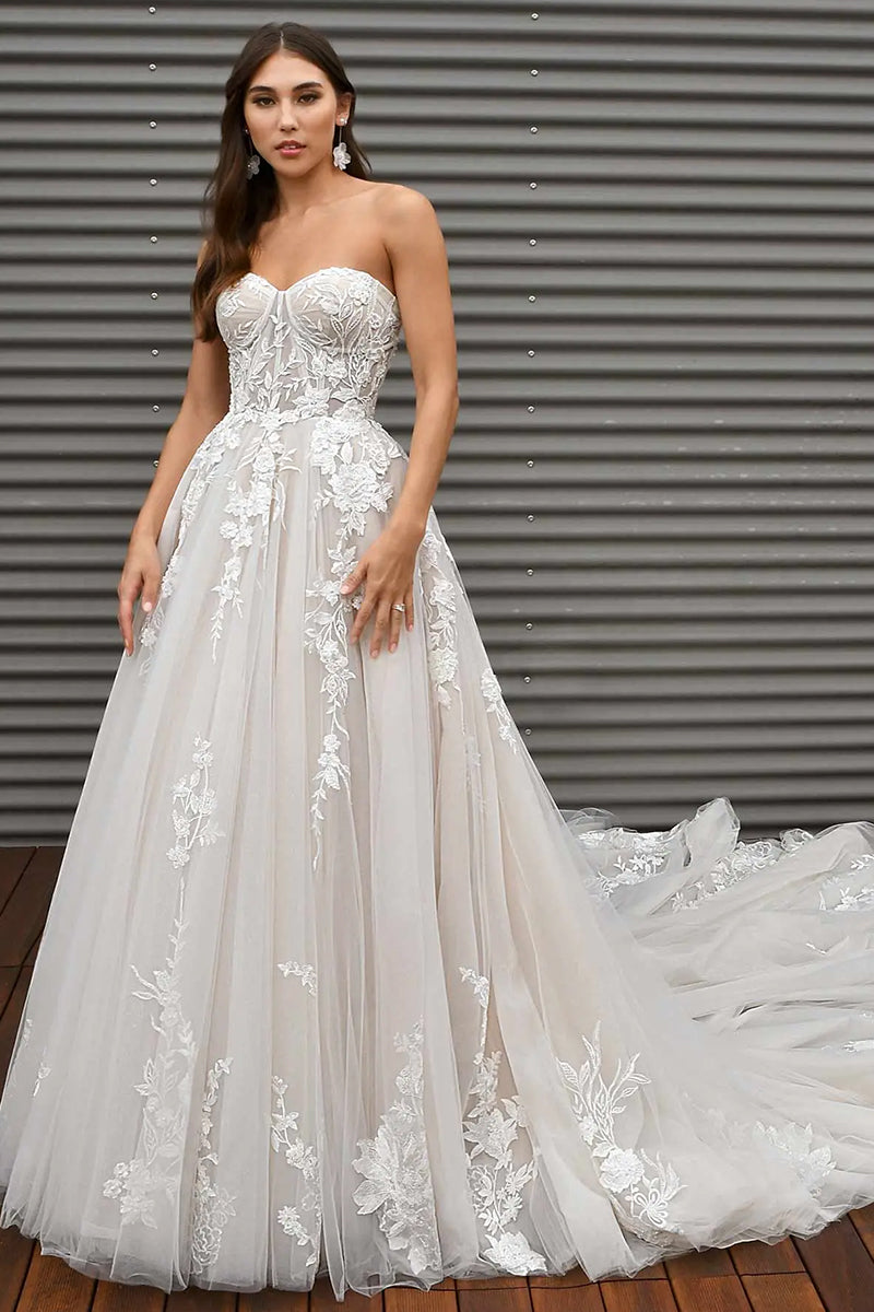 Norma Lace Applique Strapless A-line Wedding Dress | Jewelclues