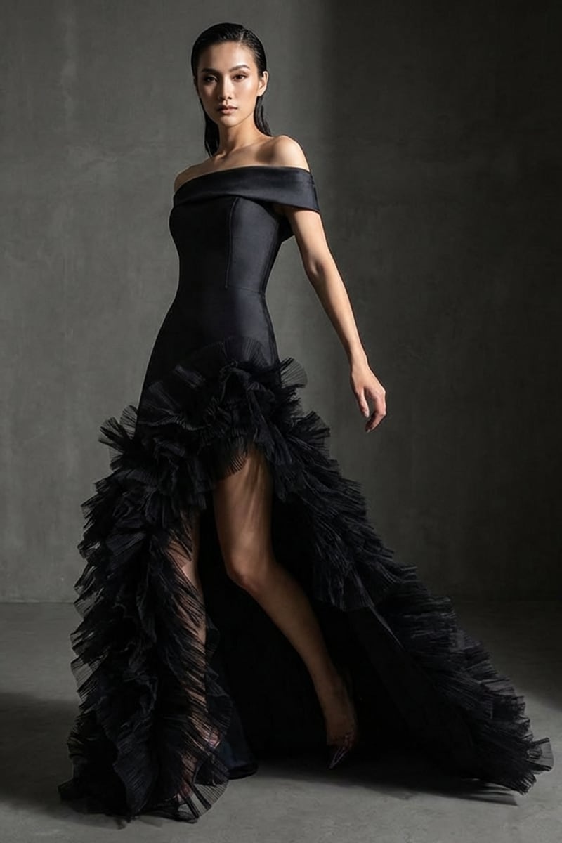black off the shoulder high low dress Olivia Black Off-The-Shoulder Maxi Dress | Made-To-Order