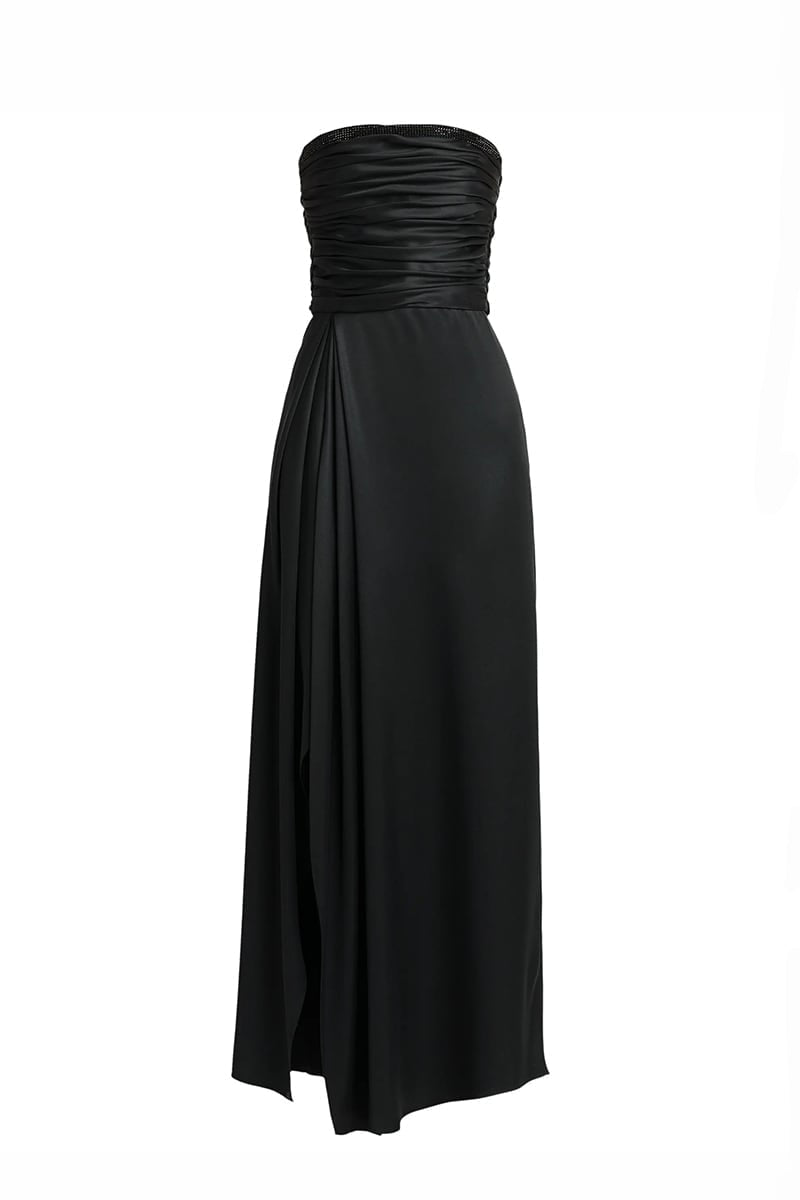 Opal Studded Strapless Satin Gown | JewelClues