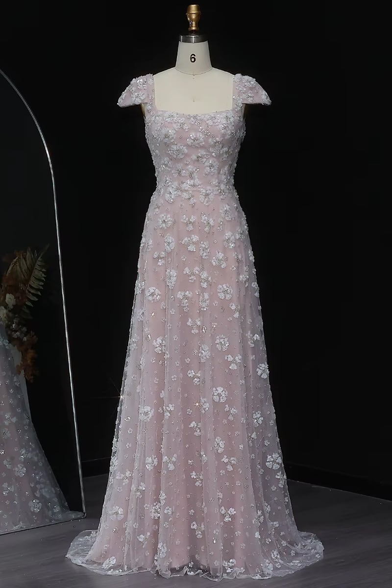 Ophelia Sequin-Embroidered Tulle Maxi Dress | Blush Pink Gown | Jewelclues