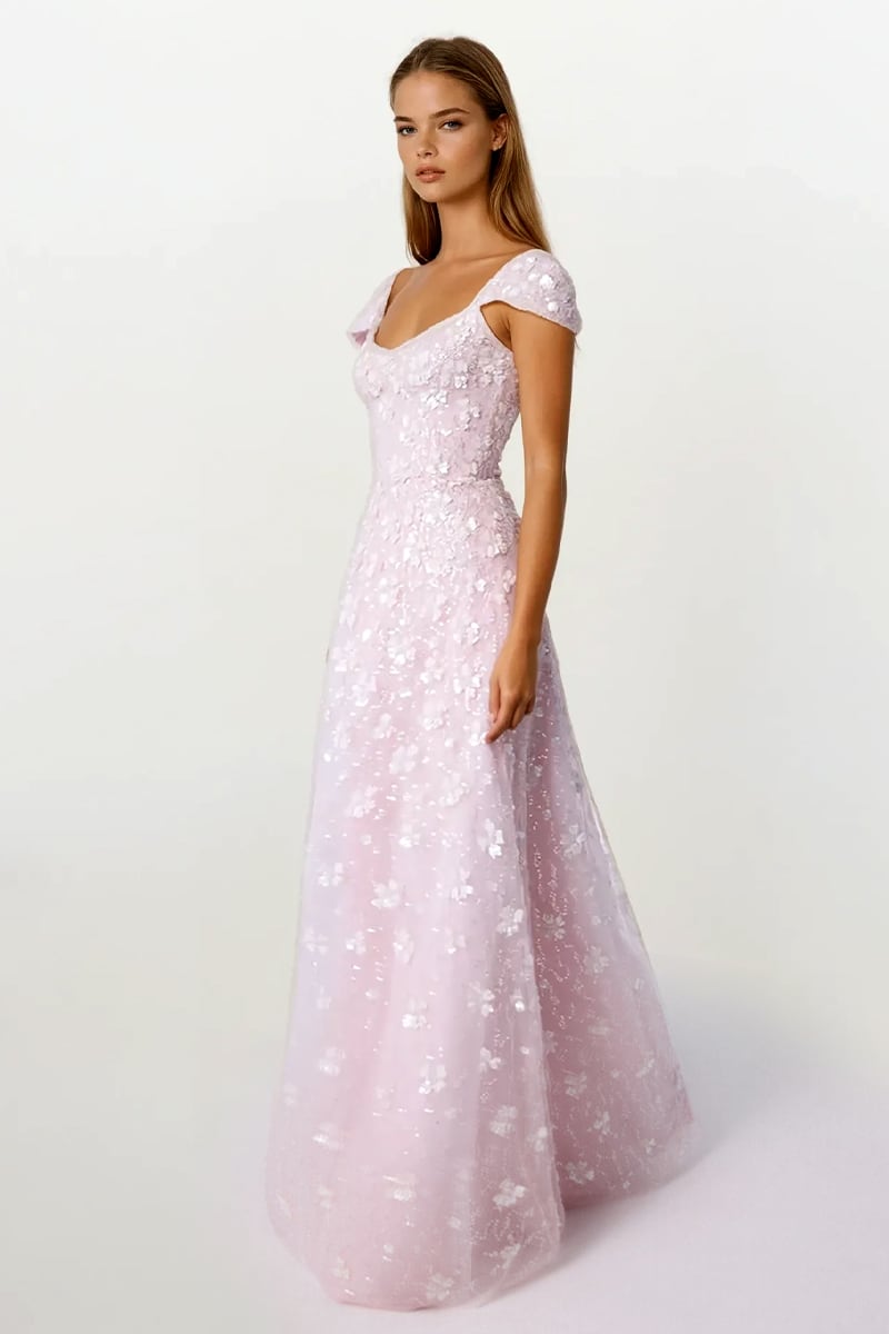 Ophelia Sequin-Embroidered Tulle Maxi Dress | Blush Pink Gown | Jewelclues