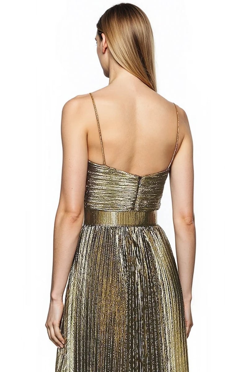 Orla Metallic Gold Pleated Maxi Dress | Jewelclues