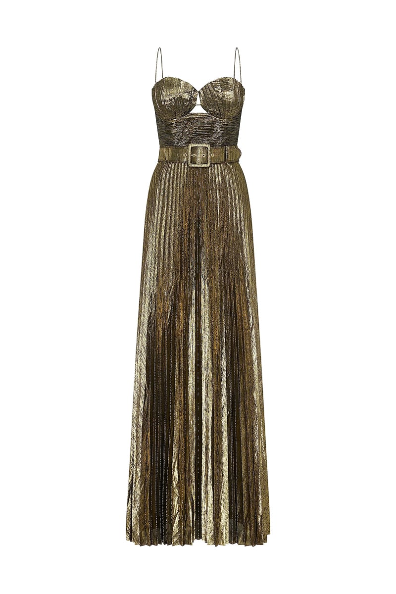 Orla Metallic Gold Pleated Maxi Dress | Jewelclues