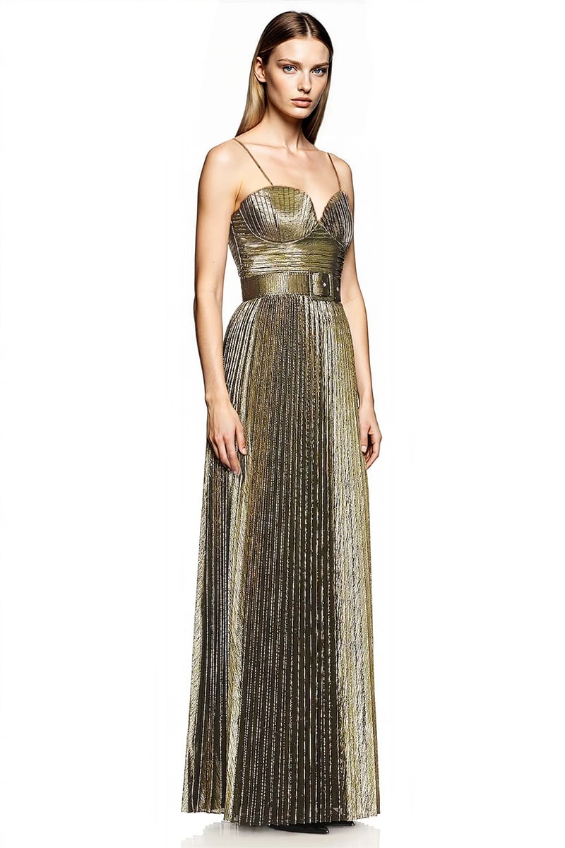 Orla Metallic Gold Pleated Maxi Dress | Jewelclues