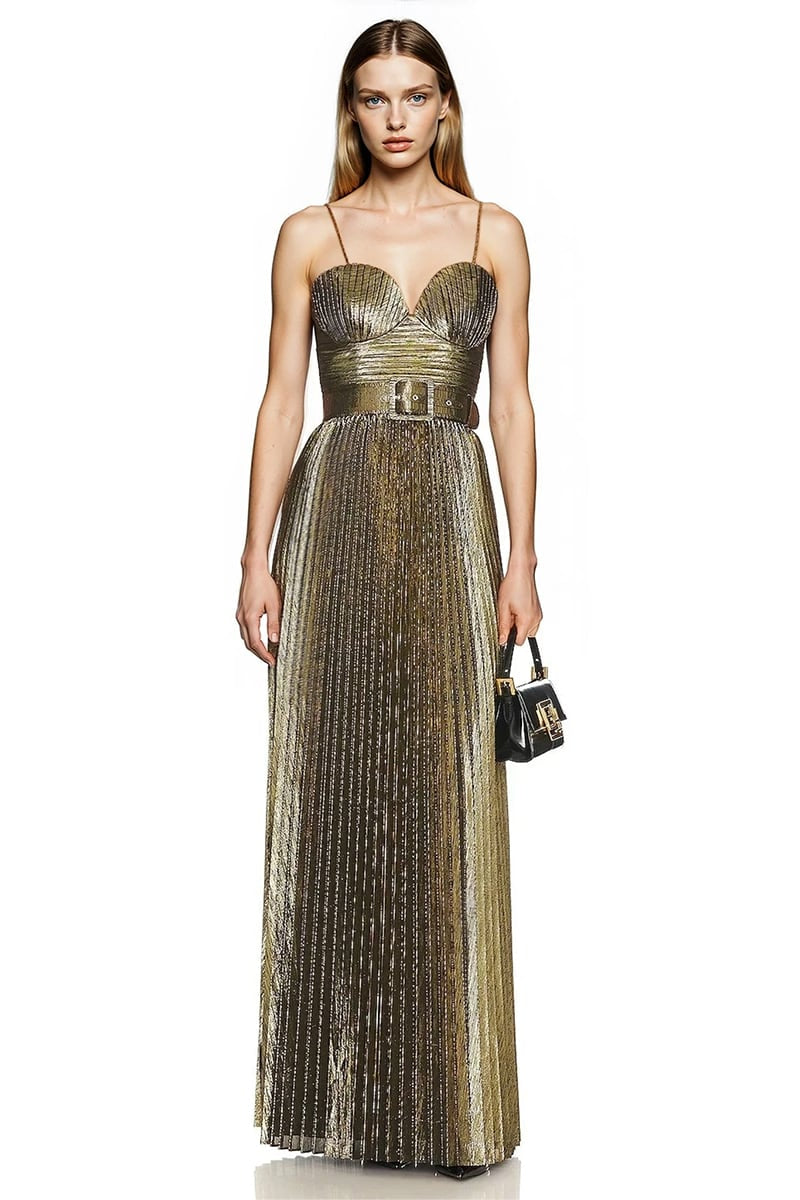Orla Metallic Gold Pleated Maxi Dress | Jewelclues