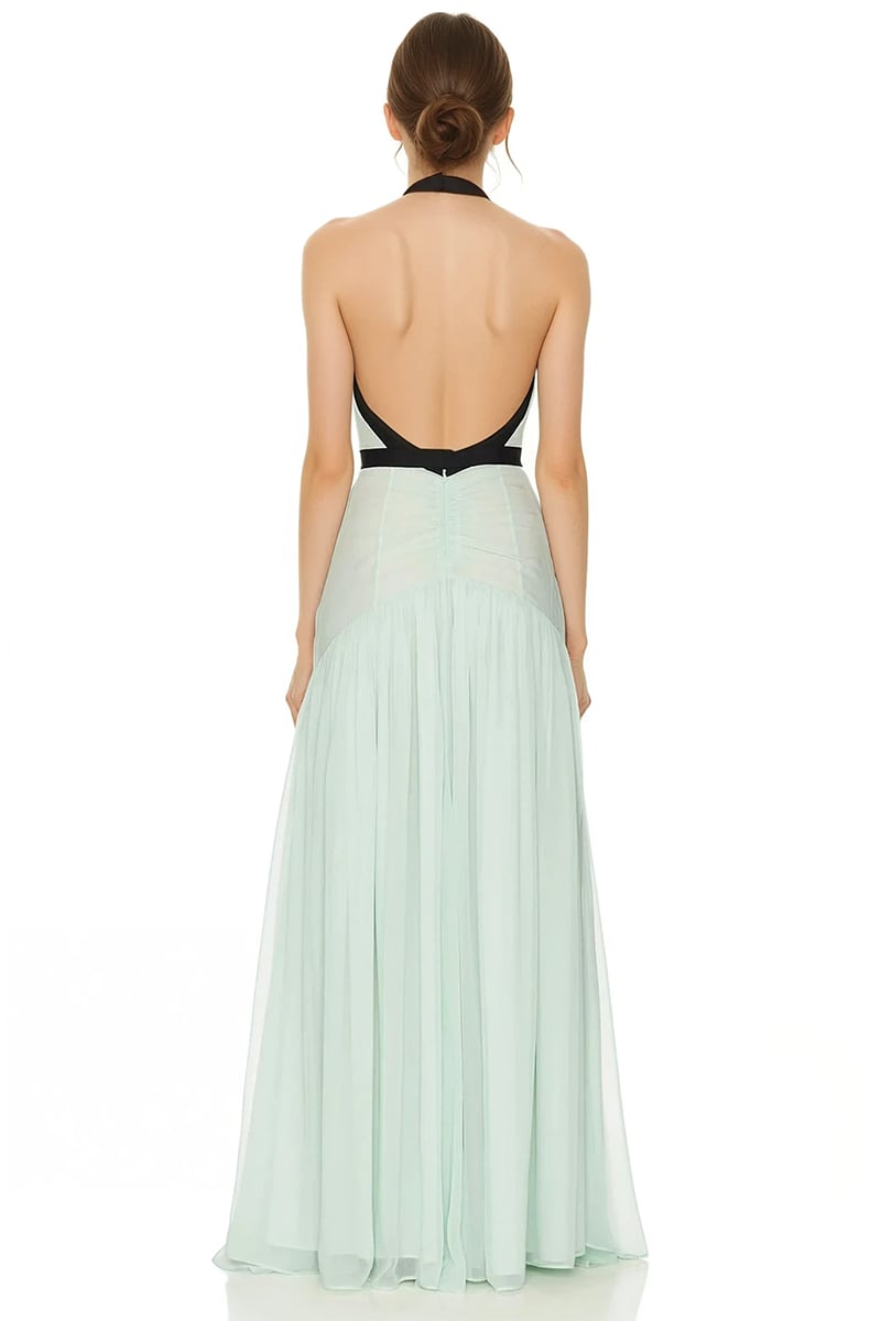 Penelope Halter Open-Back Evening Gown in Mint | Jewelclues