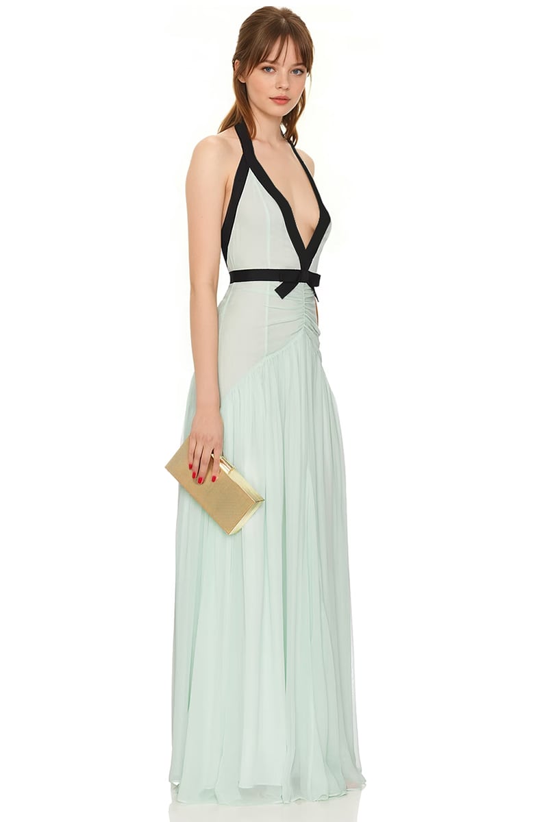 Penelope Halter Open-Back Evening Gown in Mint | Jewelclues