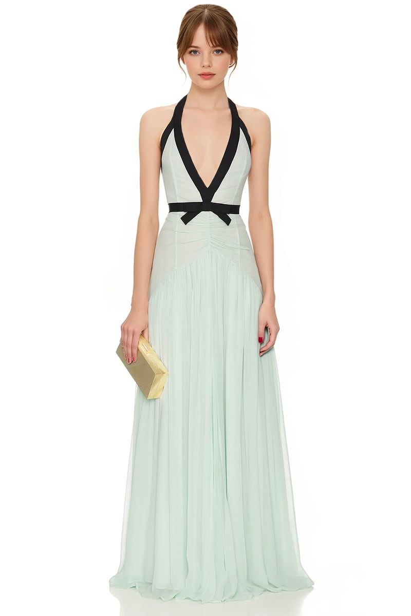 Penelope Halter Open-Back Evening Gown in Mint | Jewelclues
