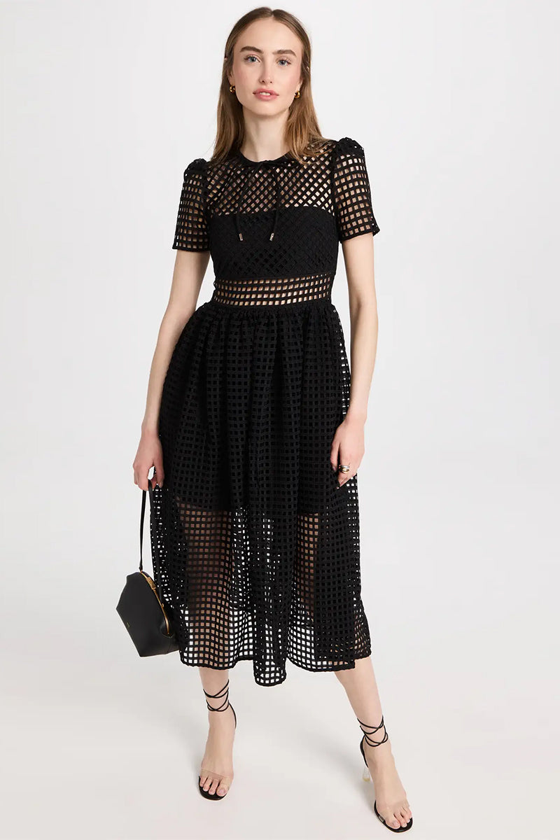 Perfect Evening Black Grid Lace Midi Dress | Jewelclues