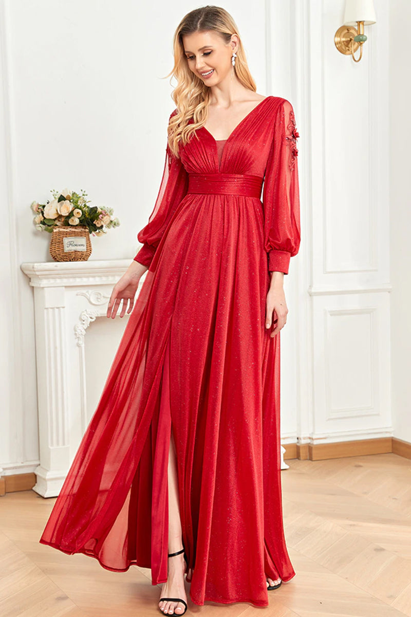 Perfectly Classy Long Sleeve Sparkly Maxi Dress | Jewelclues | #color_red