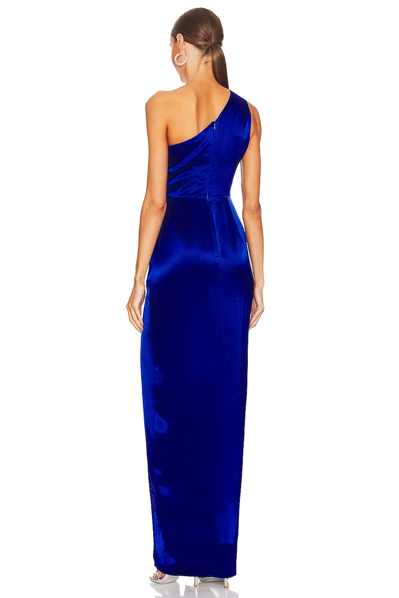 Refined Elegance Satin One-Shoulder Maxi Dress | Jewelclues #color_blue