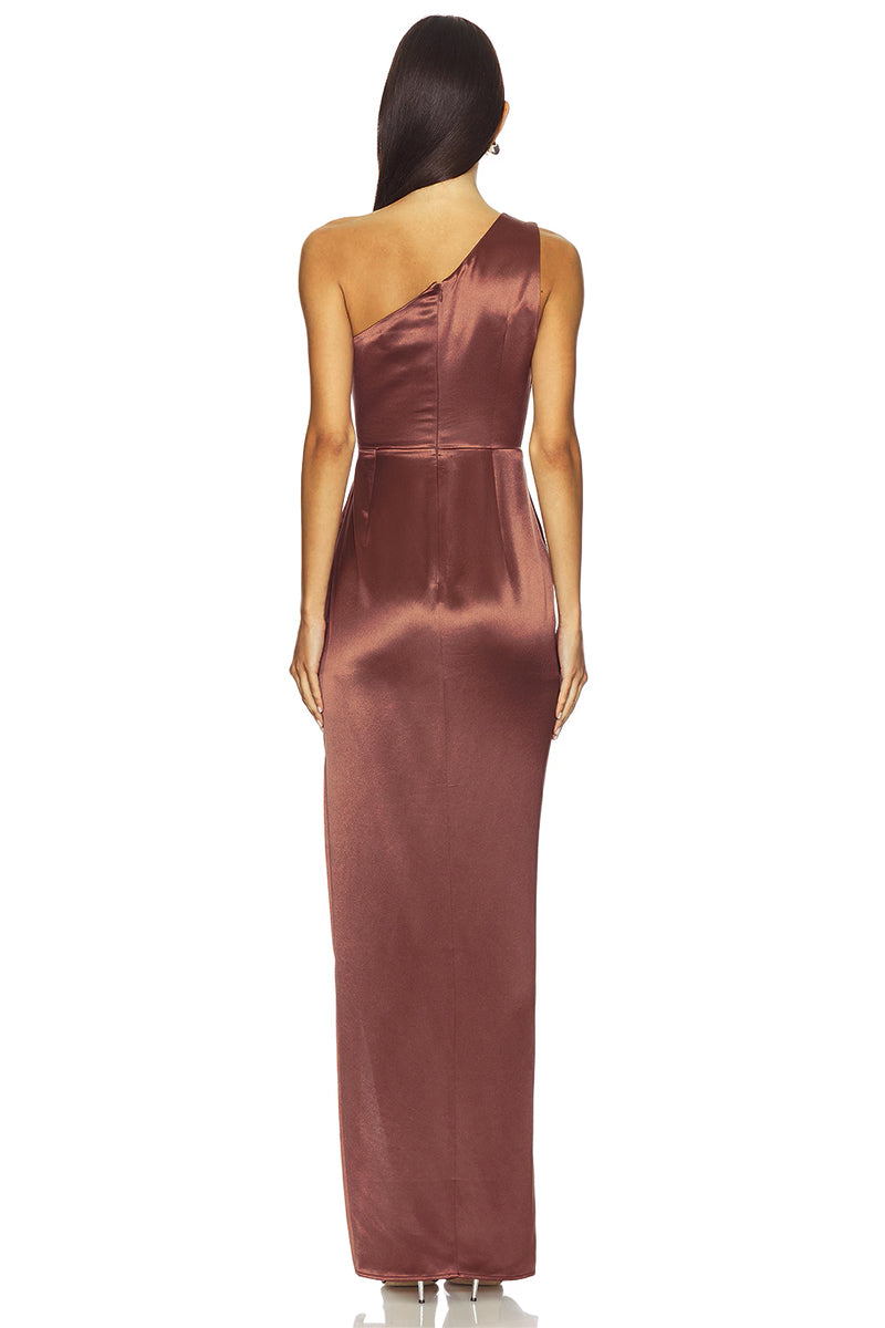 Refined Elegance Satin One-Shoulder Maxi Dress | Jewelclues #color_brown