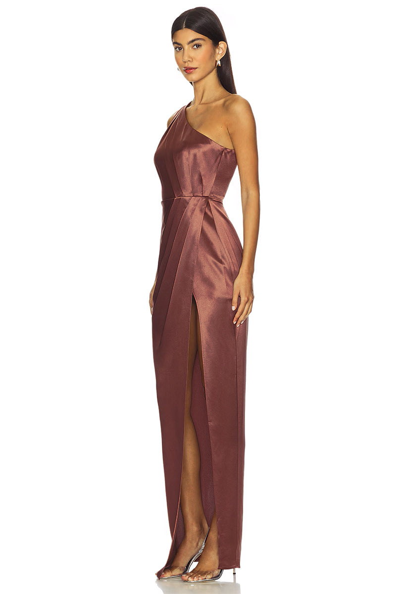 Refined Elegance Satin One-Shoulder Maxi Dress | Jewelclues #color_brown
