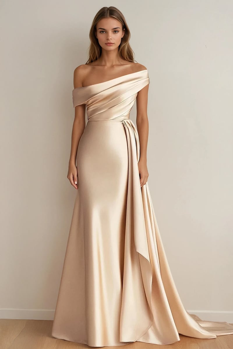 Rickie Off The Shoulder Satin Gown | Jewelclues #color_champagne