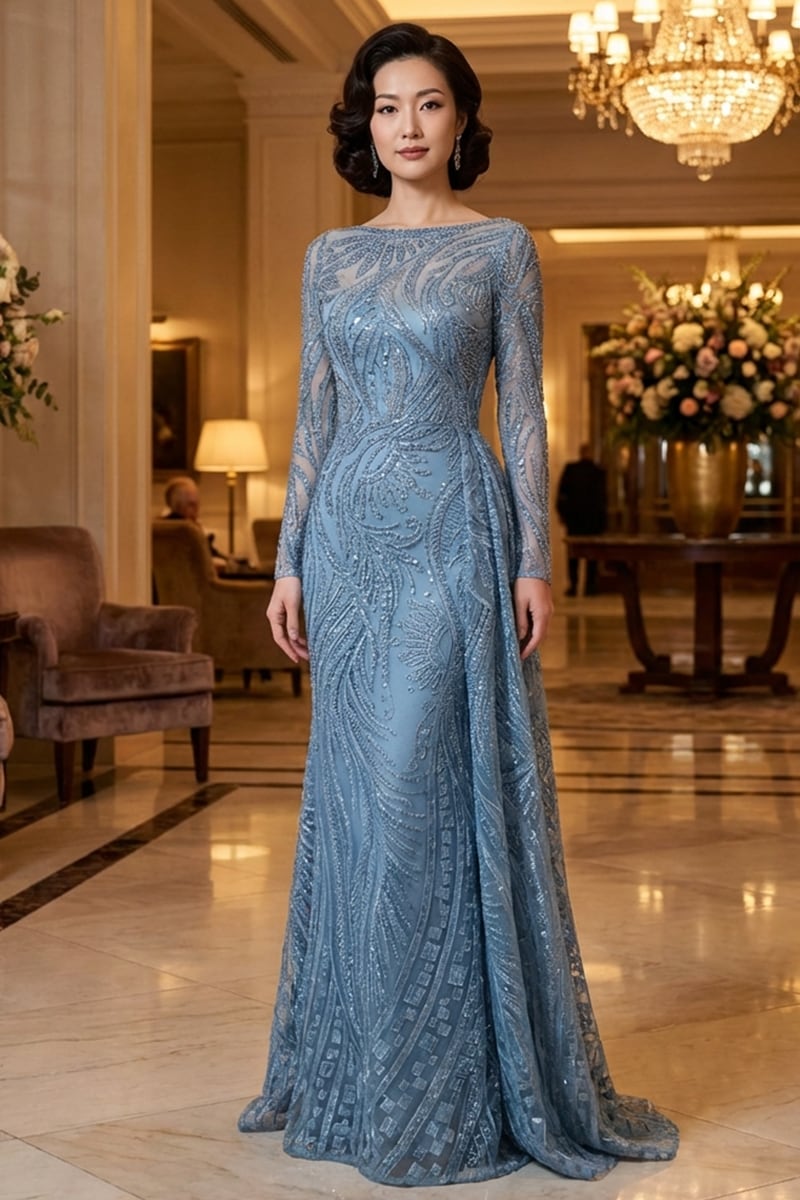Romina Beaded Long Sleeve Gown | Jewelclues #color_slate blue