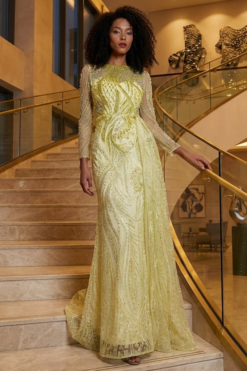 Romina Beaded Long Sleeve Gown | Jewelclues #color_chartreuse