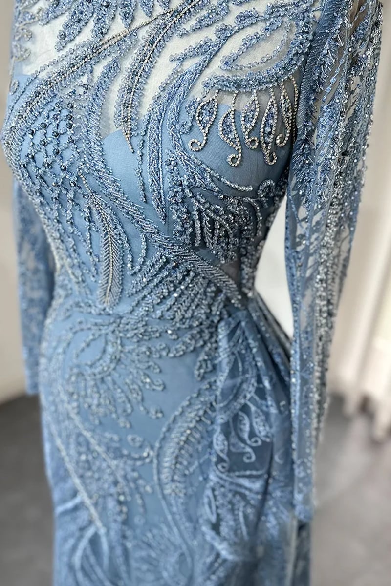Romina Beaded Long Sleeve Gown | Jewelclues #color_slate blue
