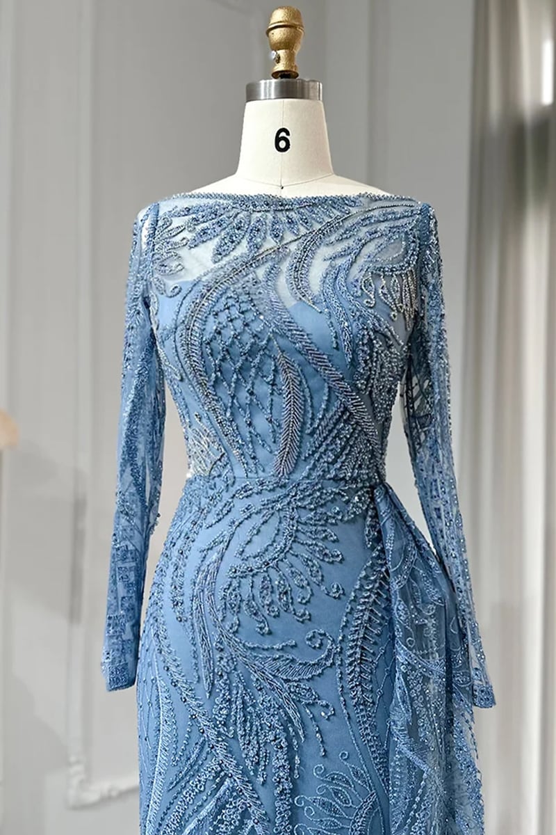 Romina Beaded Long Sleeve Gown | Jewelclues #color_slate blue