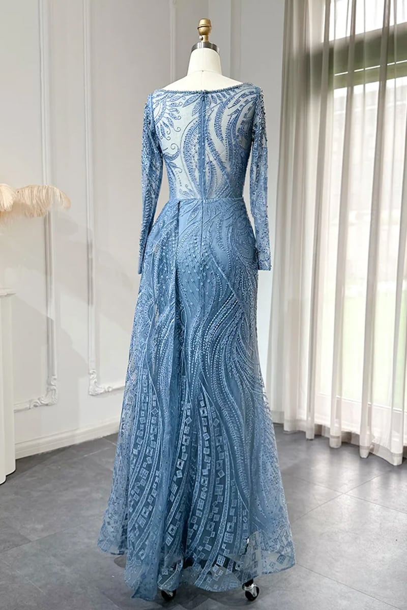 Romina Beaded Long Sleeve Gown | Jewelclues #color_slate blue